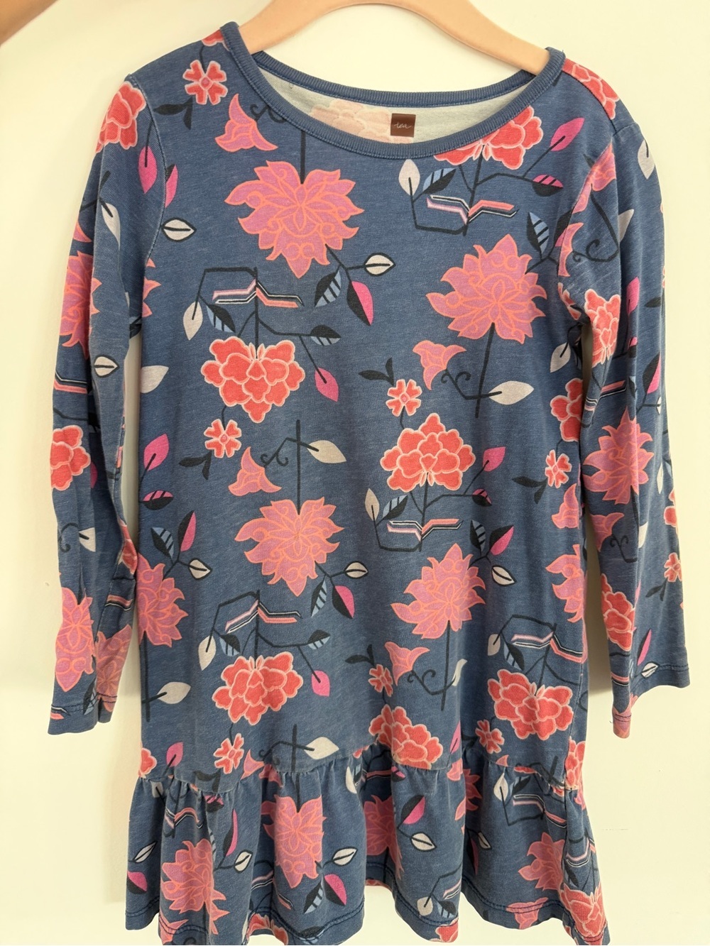 Tea Collection Blue Floral Knit Peplum Dress with Pink Flowers